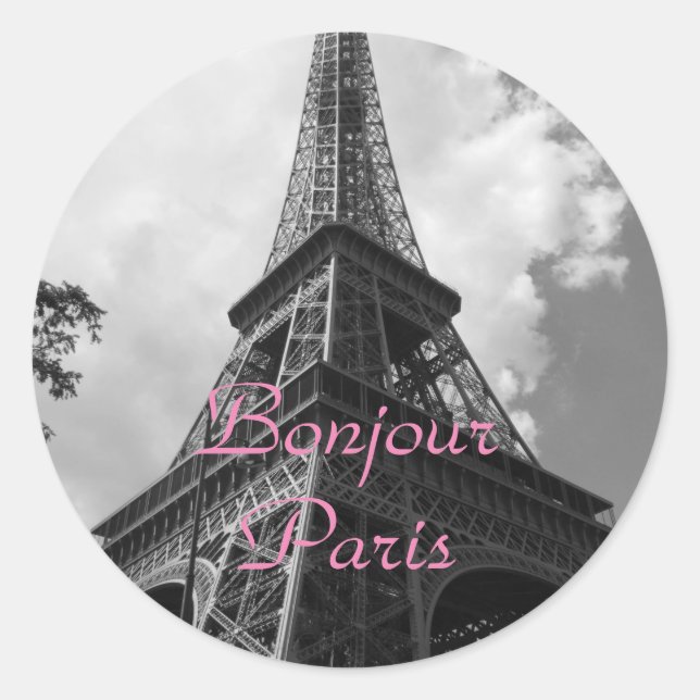 Bonjour Paris Black White Eiffel Tower France Runder Aufkleber (Vorderseite)