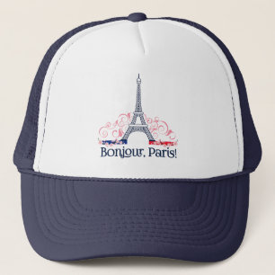 Bonjour Paris mit Eiffelturm und floralen Details Truckerkappe