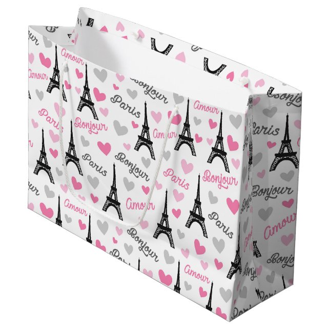 Bonjour Paris Muster Party Geschenktasche Große Geschenktüte (Vorderseite Schrägansicht)