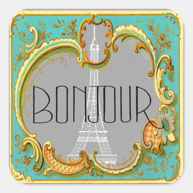 Bonjour Paris Vintag Französischer Eiffelturm Coll Quadratischer Aufkleber (Vorderseite)