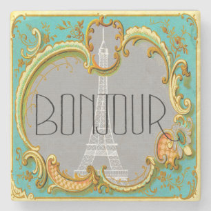 Bonjour Paris Vintage Franzose-Eiffel-Turm-Collage Steinuntersetzer