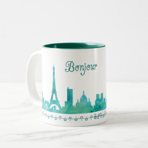 Bonjour Paris Watercolor Silhouette Zweifarbige Tasse