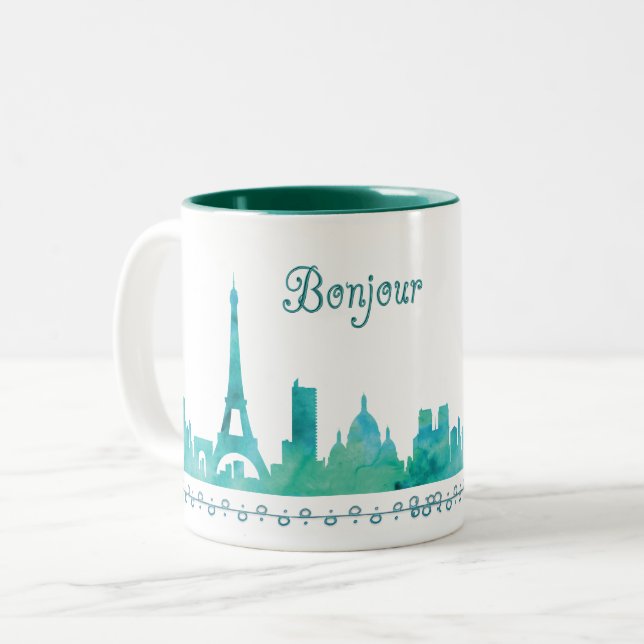 Bonjour Paris Watercolor Silhouette Zweifarbige Tasse (Vorderseite Links)
