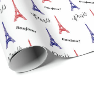 Bonjour Red Blue Paris Eiffel Tower Gift Wrap Geschenkpapier