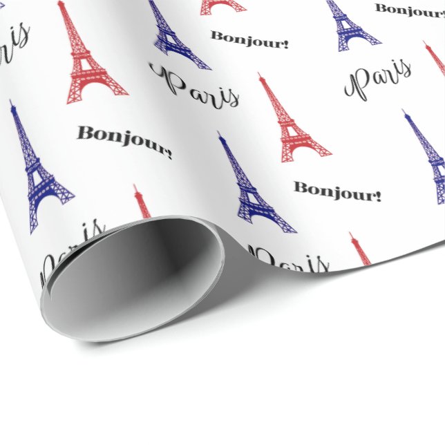 Bonjour Red Blue Paris Eiffel Tower Gift Wrap Geschenkpapier (Rolleneckpunkt)