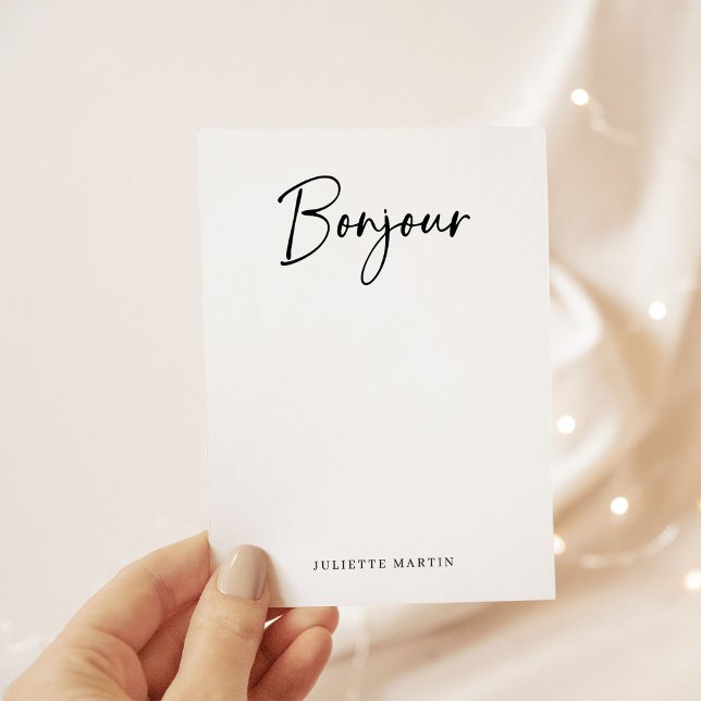 Bonjour | Schwarz-Weiß-Elegante-Französisch-Script Mitteilungskarte (An elegant French style note card that says "Bonjour" in modern script)