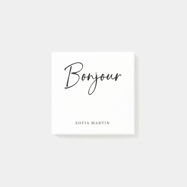 Bonjour | Schwarz-Weiß-Elegante-Französisch-Script Post-it Klebezettel (Vorderseite)