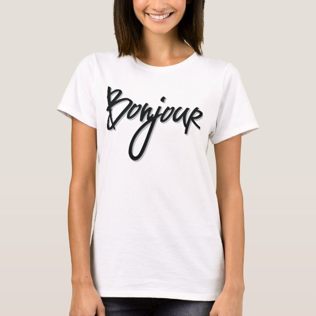 Bonjour-Script (Schwarzes Dekorativ) T-Shirt (Vorderseite)