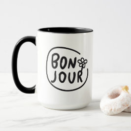 Bonjour Simple Modern Floral French Greeting  Tasse