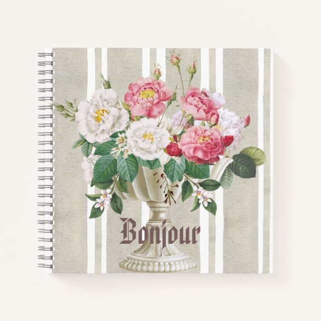 Bonjour Trendy stripped pattern dusty art floral Notizbuch (Vorderseite)