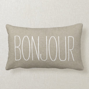 Bonjour Typografie-beige Farbwurf-Leinenkissen Lendenkissen