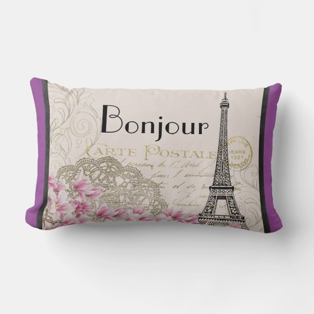 Bonjour Vintag Eiffelturm Collage mit Blume Lendenkissen (Vorderseite)
