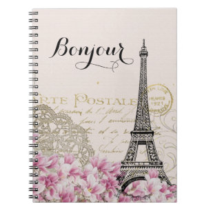 Bonjour Vintage Eiffelturm Collage mit Blumen Notizblock