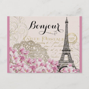 Bonjour Vintage Eiffelturm Collage mit Blumen Postkarte