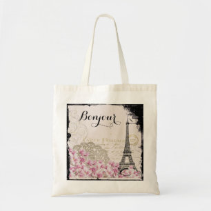 Bonjour Vintage Eiffelturm Collage mit Blumen Tragetasche
