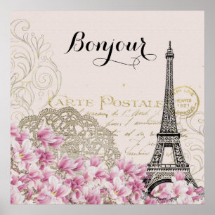 Bonjour Vintage Eiffelturm Collage Poster