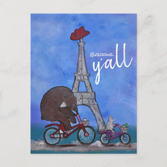 Bonjour Y'all Whimsical Eiffel Tower Paris Texas Postkarte (Vorderseite)
