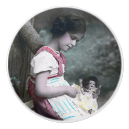 Bonne Année Vintag Girl with Dolll Keramikknauf