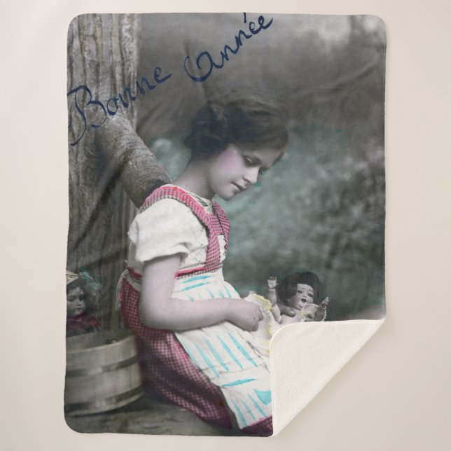 Bonne Année Vintag Girl with Dolll Sherpadecke (Vorderseite)