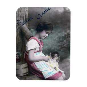 Bonne Année Vintage Mädchen mit Puppe Magnet