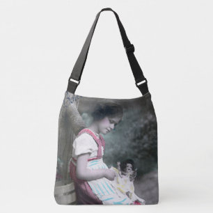 Bonne Année Vintage Mädchen mit Puppe Tragetaschen Mit Langen Trägern