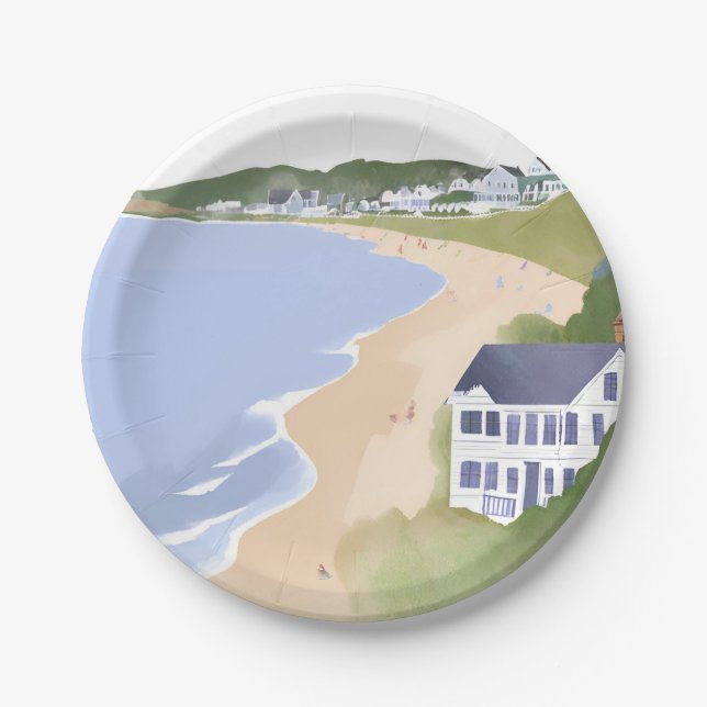Bonnet Shores | Wasserfarbenes Rhode Island-Strand Pappteller (Vorderseite)