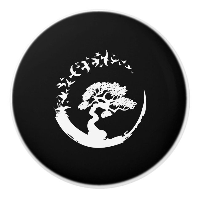 Bonsai Baum japanisch enso Kreis Vögel lange Ärmel Keramikknauf (Vorderseite)