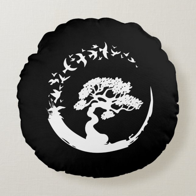 Bonsai Baum japanisch enso Kreis Vögel lange Ärmel Rundes Kissen (Vorderseite)