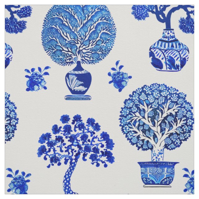 Bonsai Baummuster in Kobalt Blau und Weiß Stoff (Muster)