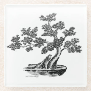 Bonsai - Chinesischer Stil - Schwarzweiß Glasuntersetzer