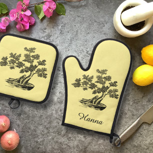Bonsai - Chinesischer Stil - Schwarzweiß Ofenhandschuh & Topflappen-Set