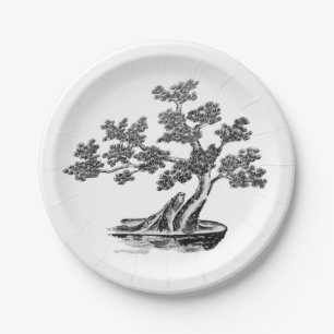 Bonsai - Chinesischer Stil - Schwarzweiß Pappteller
