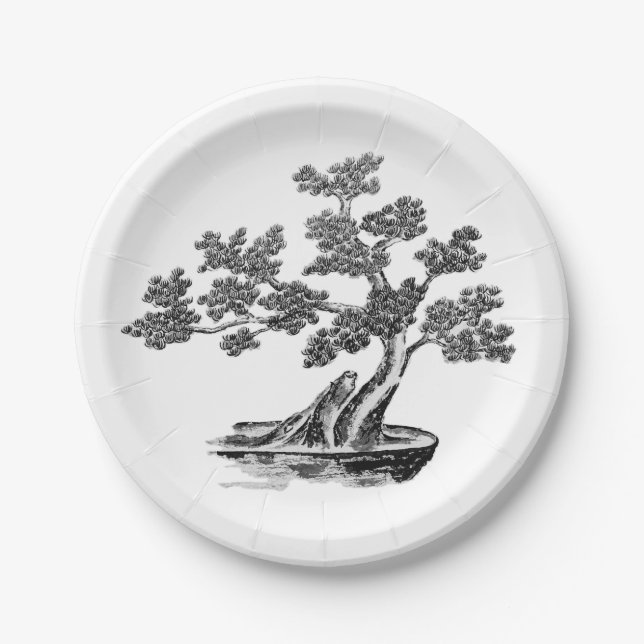 Bonsai - Chinesischer Stil - Schwarzweiß Pappteller (Vorderseite)
