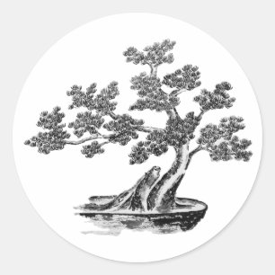Bonsai - Chinesischer Stil - Schwarzweiß Runder Aufkleber