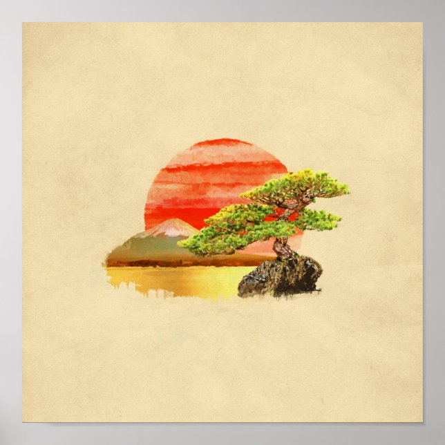 Bonsai Pine Tree - Fuji Sunset in Farbe Poster (Vorne)