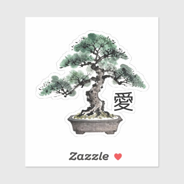 Bonsai Tree Sumi-e Style Japanese Love Calligraphy Aufkleber (Blatt)