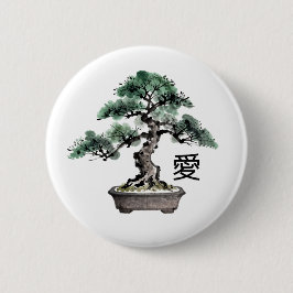 Bonsai Tree Sumi-e Style Japanese Love Calligraphy Button