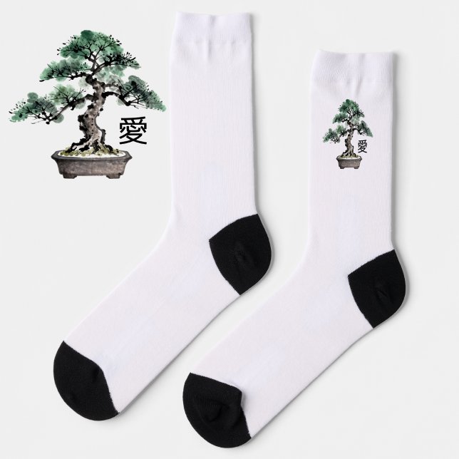 Bonsai Tree Sumi-e Style Japanese Love Calligraphy Socken (Von Creator hochgeladen)