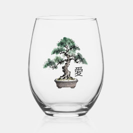 Bonsai Tree Sumi-e Style Japanese Love Calligraphy Weinglas Ohne Stiel