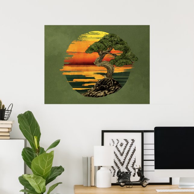 Bonsai Tree Sunset über Meer Poster (Heimbüro)