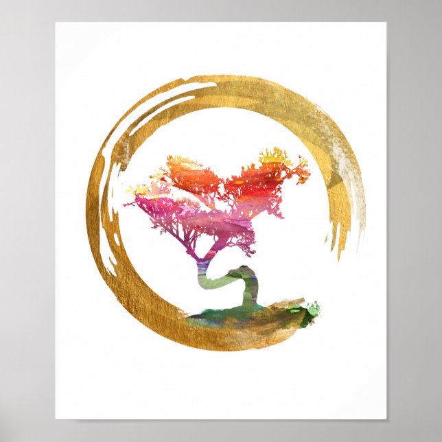 Bonsai Tree. Zen Enso Circle. Aquarellkunst Poster (Vorne)