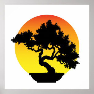 Bonsais-Baum mit Sonnenuntergang Poster