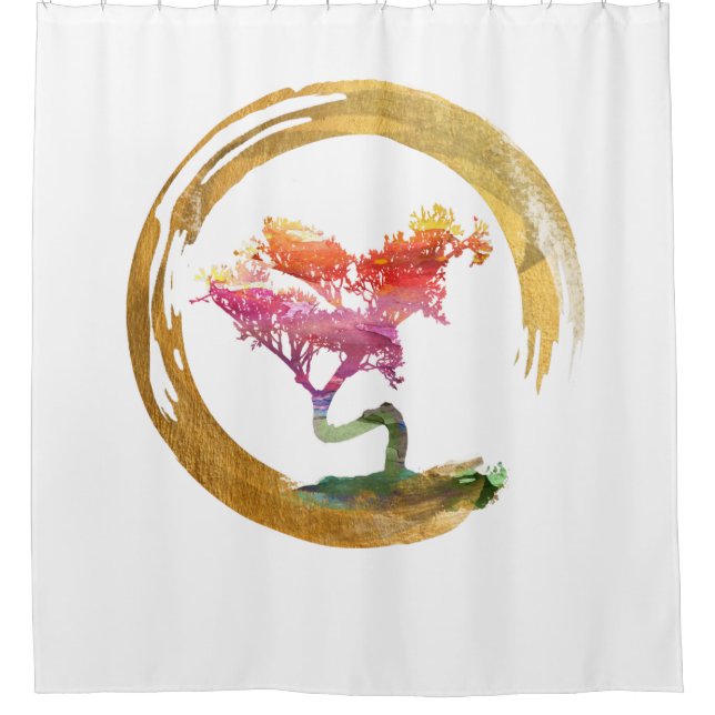 Bonsais-Baum. Zen Enso Kreis-Aquarell Feng Shui Duschvorhang (Vorderseite)
