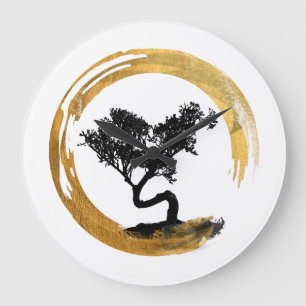 Bonsais-Baum. Zen Enso Kreis. Aquarell-Kunst Große Wanduhr