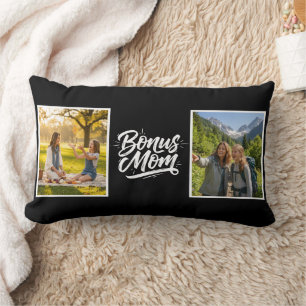 Bonus-Mama-Bürstenschrift Zwei Fotos Schwarz und W Lendenkissen