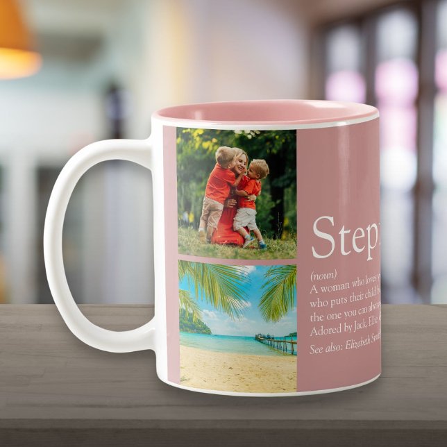 Bonus-Mama, StepMom Definition 4 FotoCollage Rosa Zweifarbige Tasse (Bonus Mom, Stepmom Definition 4 Photo Collage Pink Two-Tone Coffee Mug)