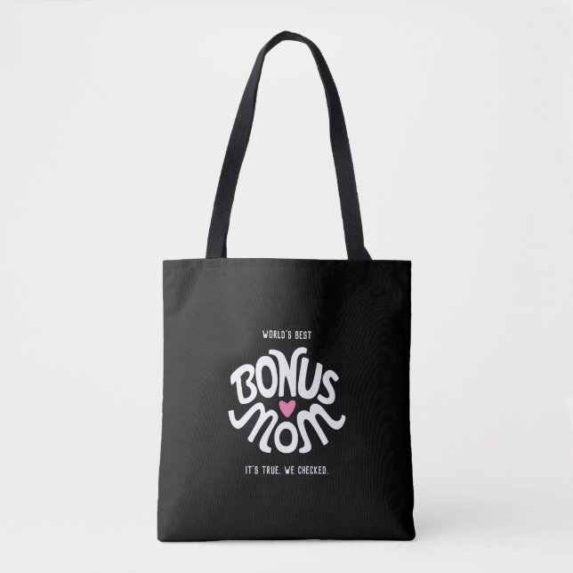 Bonus Mama Weiß & Rosa Design auf Schwarz-Tote-Tas (Vorderseite)