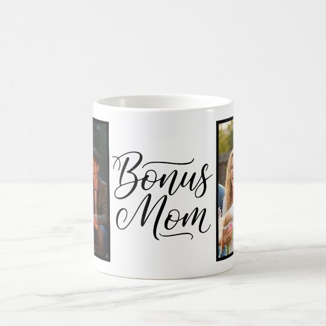 Bonus Mom Elegant Cursive Two Photo Kaffeetasse (Mittel)