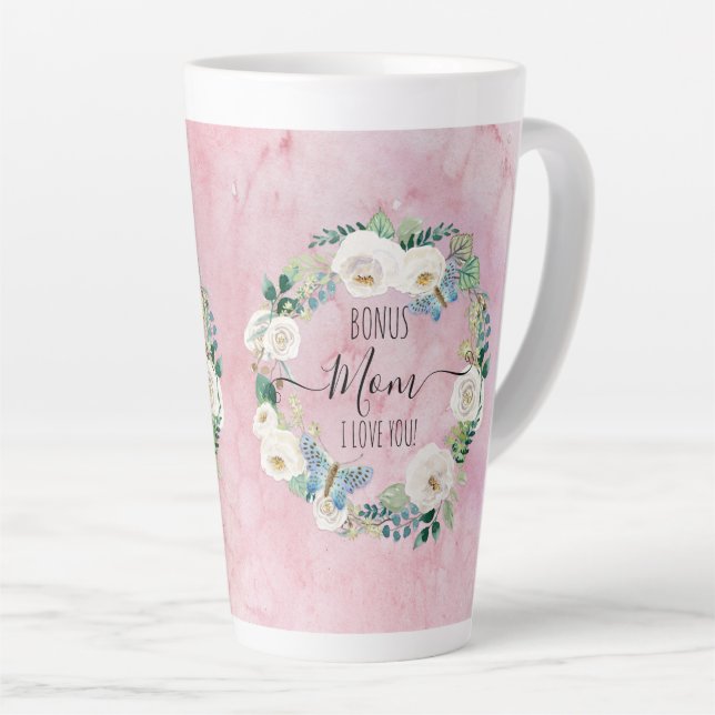 Bonus Mom I Love You Pink White Boho Blumenreath Milchtasse (Rechte Ecke)
