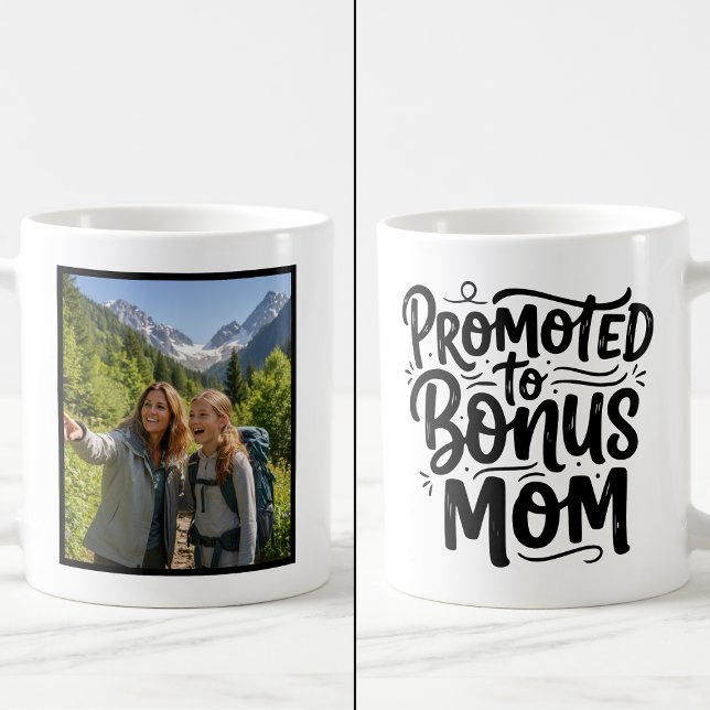 Bonus Mom Promoted Brush Script Custom 1 Photo Kaffeetasse (Von Creator hochgeladen)